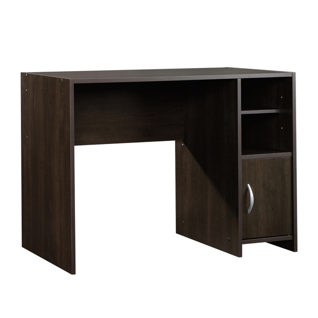 If you are looking for a desk that offers open and closed storage, this desk will suit your needs. The open shelf can be adjusted for accommodate large items, and the door provides hidden space for private items.  Made of engineered wood for lasting strength.  Large surface lets you spread out documents and devices.  Open cubbyhole storage with an adjustable shelf.  Door conceals a hidden storage space.  Accented with silver hardware for a touch of style.  Assembly required.  Hidden storage behind door  Adjustable shelf  Spacious Work Surface  Cinnamon Cherry Finish