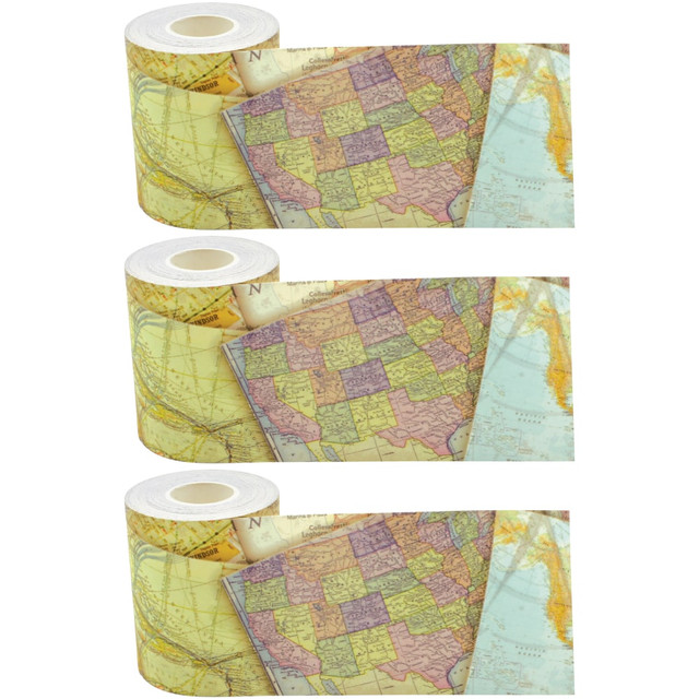 EDUCATORS RESOURCE Teacher Created Resources TCR8921-3  Straight Rolled Border Trim, Travel The Map, 50' Per Roll, Pack Of 3 Rolls