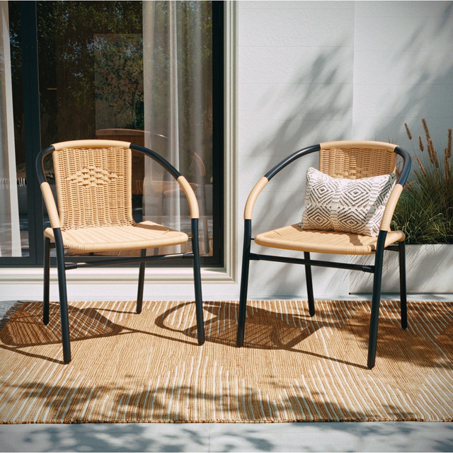 FLASH FURNITURE 4TLH037BGE  Rattan Indoor/Outdoor Restaurant Stack Chairs, Beige/Black, Set Of 4 Chairs