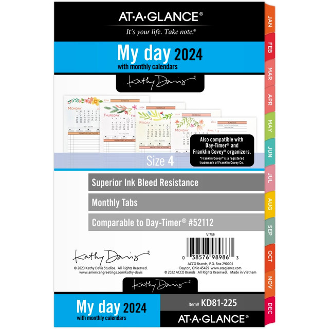 ACCO BRANDS USA, LLC KD81-225-24 AT-A-GLANCE Kathy Davis Daily/Monthly 2-Page-Per-Day Loose-Leaf Planner Refill Pages, 5-1/2in x 8-1/2in, January to December 2024, KD81-225