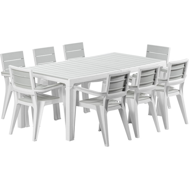 INVAL AMERICA, INC. MQ508-WHTGRY Inval Madeira 9-Piece Indoor And Outdoor 8-Seat Rectangular Table And 8 Arm Chair Set, 29inH x 35inW x 70inD, White/Gray