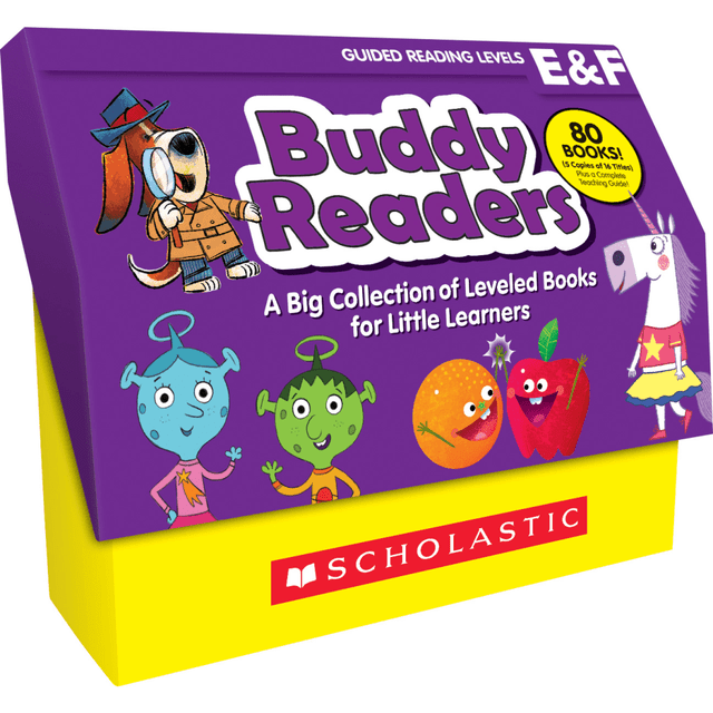 Motivate your class to read with the Scholastic Buddy Readers books. This set includes 16 unique tales filled with kid-friendly topics that help new readers succeed. The included guide offers tips, questions and activities to further develop their skills.  Contains 16 unique stories for level E and F readers.  Helps encourage students to read.  Includes a teaching guide with tips, questions and activities.