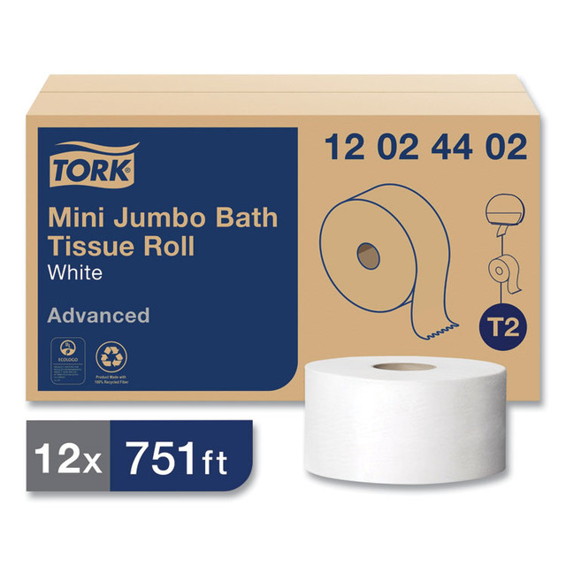 SCA TISSUE Tork® 12024402 Advanced Mini-Jumbo Roll Bath Tissue, Septic Safe, 2-Ply, 3.48" x 751 ft, White, 12 Rolls/Carton