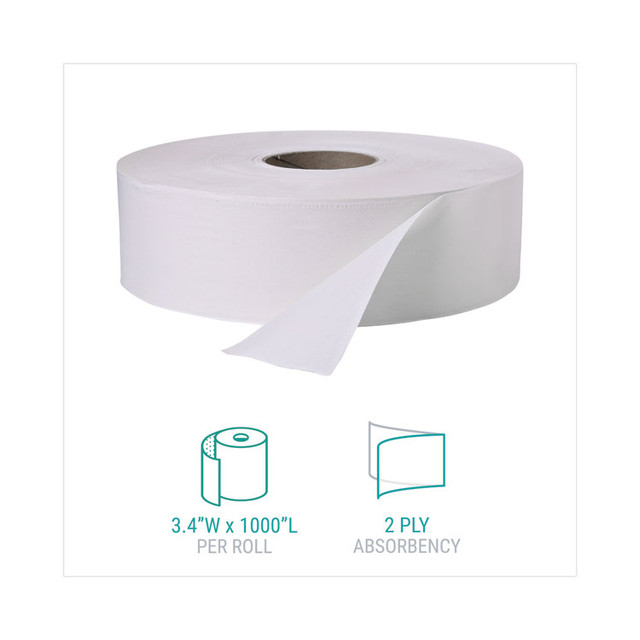 WINDSOFT 202 Jumbo Roll Bath Tissue, Septic Safe, 2-Ply, 3.4" x 1,000 ft, White, 12 Rolls/Carton