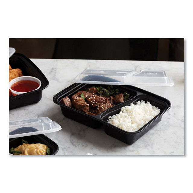 PACTIV EVERGREEN CORPORATION NC8288B Newspring VERSAtainer Microwavable Containers, Rectangular, 2 Compartments, 30 oz, Black/Clear, Plastic, 150/Carton