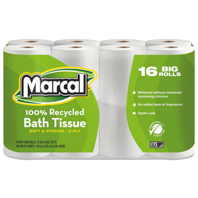 SOUNDVIEW Marcal® 16466-16-PK 100% Recycled Two-Ply Bath Tissue, Septic Safe, White, 168 Sheets/Roll, 16 Rolls/Pack
