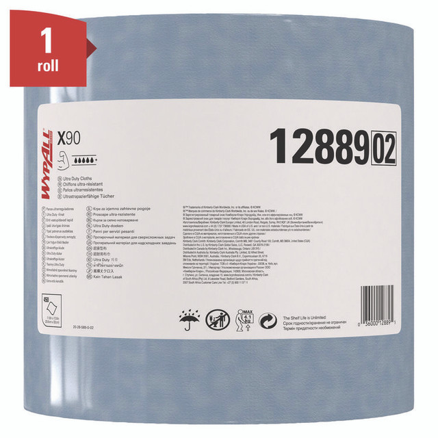 KIMBERLY-CLARK PROFESSIONAL WypAll® 12889 X90 Cloths, Jumbo Roll, 2-Ply, 12.4 x 12.2, Blue Denim, 450/Roll