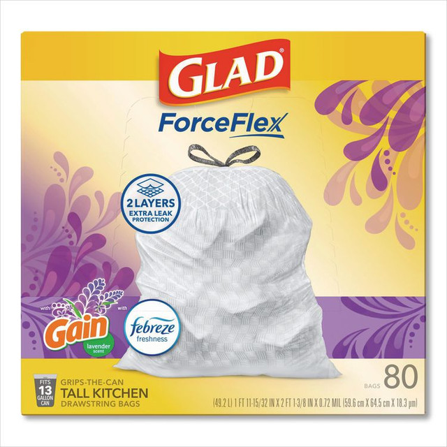 CLOROX SALES CO. Glad® 78902 ForceFlex Kitchen Drawstring Trash Bags, 13 gal, Gain Lavender Scent, 24 x 27.38, White, 80 Bags/Box, 3 Boxes/Carton