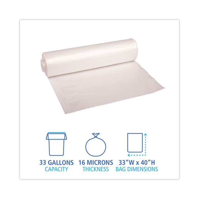 BOARDWALK RH3340S High Density Industrial Can Liners Coreless Rolls, 33 gal, 16 mic, 33" x 40", Natural, Perforated, 25 Bags/Roll, 10 Rolls/CT