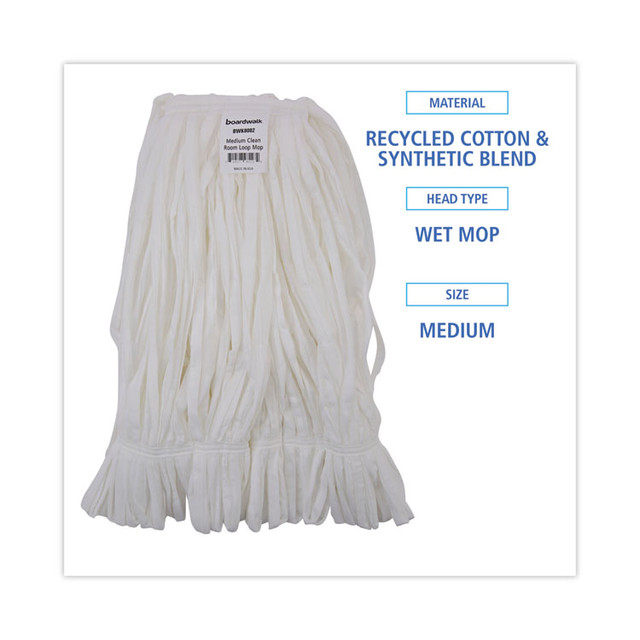 BOARDWALK 8002 Mop Head, Looped, Enviro Clean With Tailband, Cotton/Synthetic, Medium, White, 12/Carton