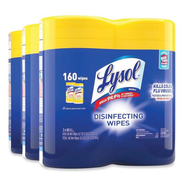 RECKITT BENCKISER LYSOL® Brand 80296PK Disinfecting Wipes, 1-Ply, 7 x 7.25, Lemon and Lime Blossom, White, 80 Wipes/Canister, 2 Canisters/Pack