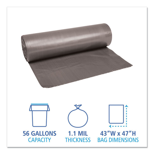 BOARDWALK 4347SEH Low-Density Waste Can Liners, 56 gal, 1.1 mil, 43" x 47", Gray, Perforated Roll, 20 Bags/Roll, 5 Rolls/Carton