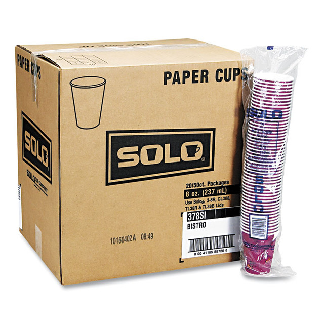 DART SOLO® 370SI Paper Hot Drink Cups in Bistro Design, 3.35" Diameter x 3.82" h, 10 oz, Maroon, 1,000/Carton