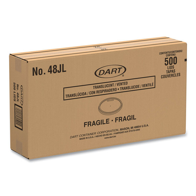 DART 48JL Plastic Lids for Foam Containers, Flat, Vented, Fits 24 oz to 32 oz, Translucent, 100/Pack, 5 Packs/Carton