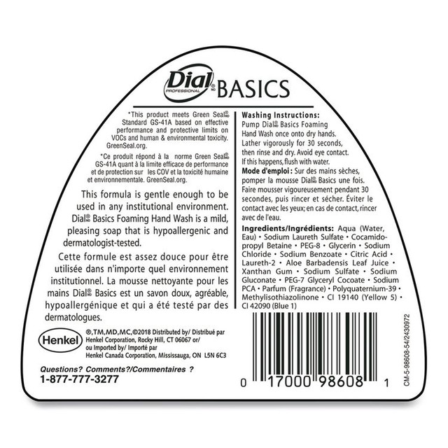 DIAL PROFESSIONAL 98609 Basics Hypoallergenic Foaming Hand Wash, Honeysuckle Scent, 15.2 oz, 4/Carton