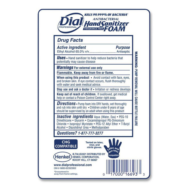 DIAL PROFESSIONAL 16694 Antibacterial Foaming Hand Sanitizer Refill for FIT Touch Free Dispenser, 1 L Bottle, Fragrance-Free, 3/Carton