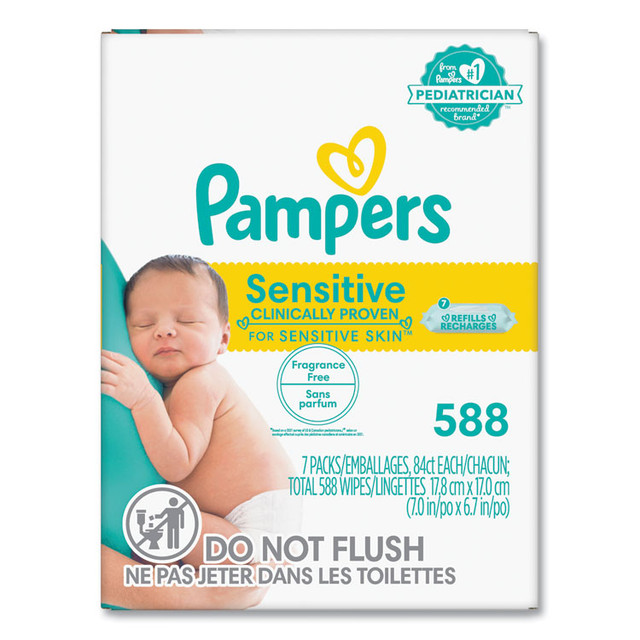 PROCTER & GAMBLE Pampers® 07325 Sensitive Baby Wipes, 1-Ply, 6.7 x 7, Unscented, White, 84/Pack, 7/Carton