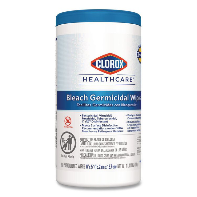 CLOROX SALES CO. Healthcare® 30577CT Bleach Germicidal Wipes, 1-Ply, 6 x 5, Unscented, White, 150/Canister, 6 Canisters/Carton