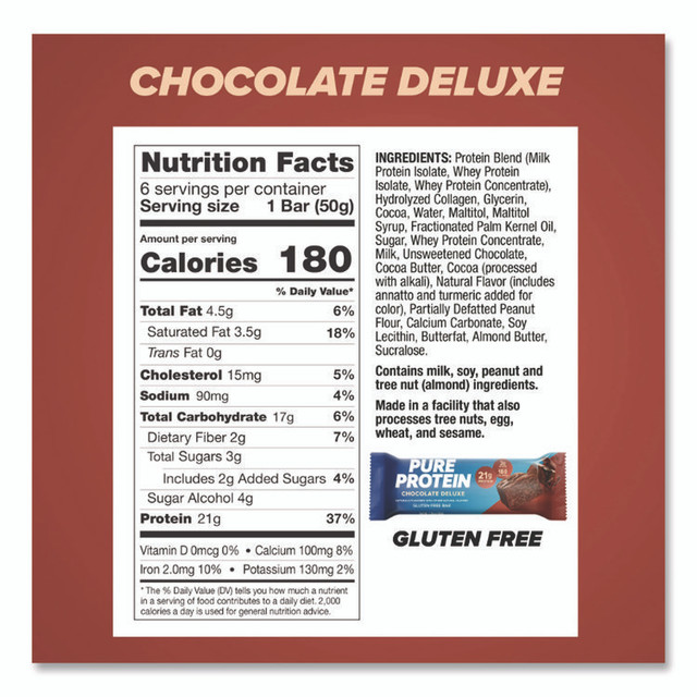 THE BALANCE BAR COMPANY NRN13809 Pure Protein Bar, Chocolate Deluxe, 1.76 oz Bar, 6/Box