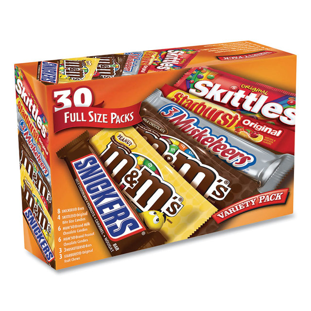 MARS, INC. 22000084 Full-Size Candy Bars Variety Pack, Assorted, 30/Box