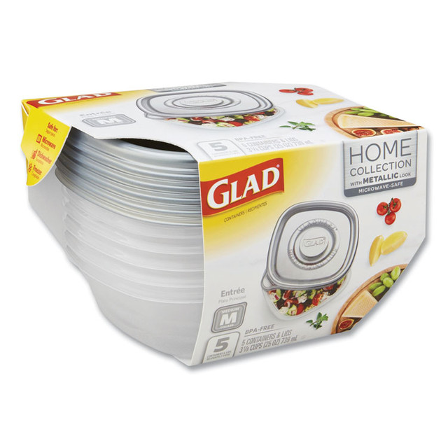 CLOROX SALES CO. Glad® XZA60795 Home Collection Food Storage Containers with Lids, Medium Square, 25 oz, Clear/Metallic, Plastic, 5/Pack