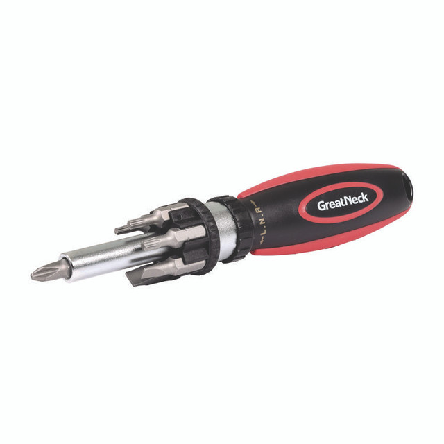GREAT NECK SAW MFG. 950DE Ratcheting Screw/Nut Driver Set, Phillips/Slotted/Star Bits, 7" Long, Black/Red
