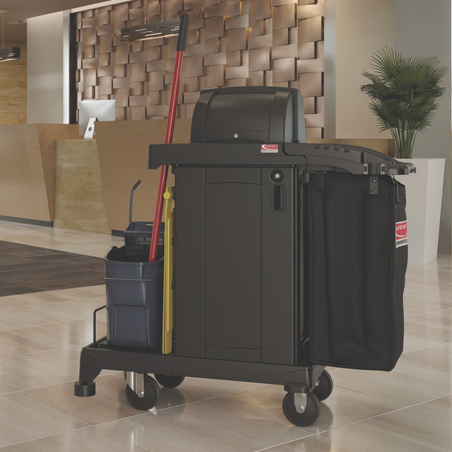 SUNCAST CORPORATION Commercial® CCH255A High Security Housekeeping Cart, Plastic, 1 Shelf, 3 Bins, 23.19 x 53.23 x 53.02, Black