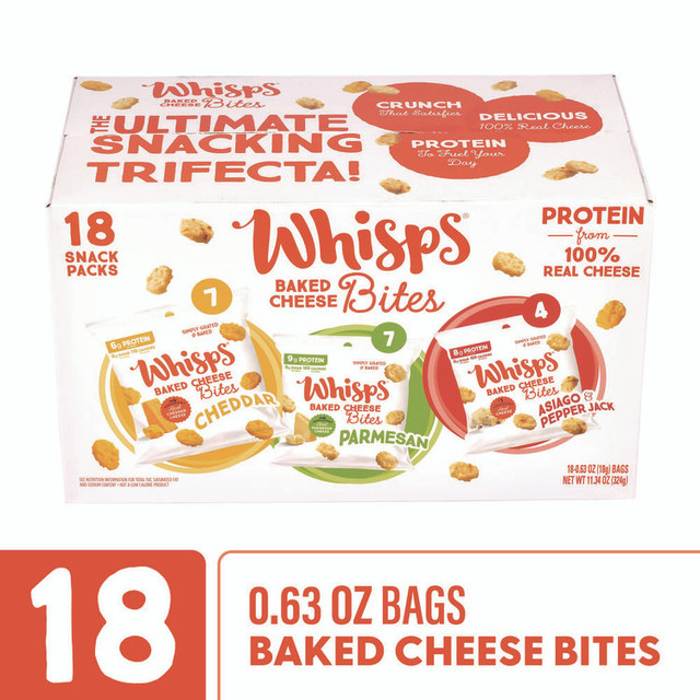 WHISPS 22002347 Baked Cheese Bites Variety Snack Packs, Assorted Flavors, 0.63 oz Packet, 18/Carton