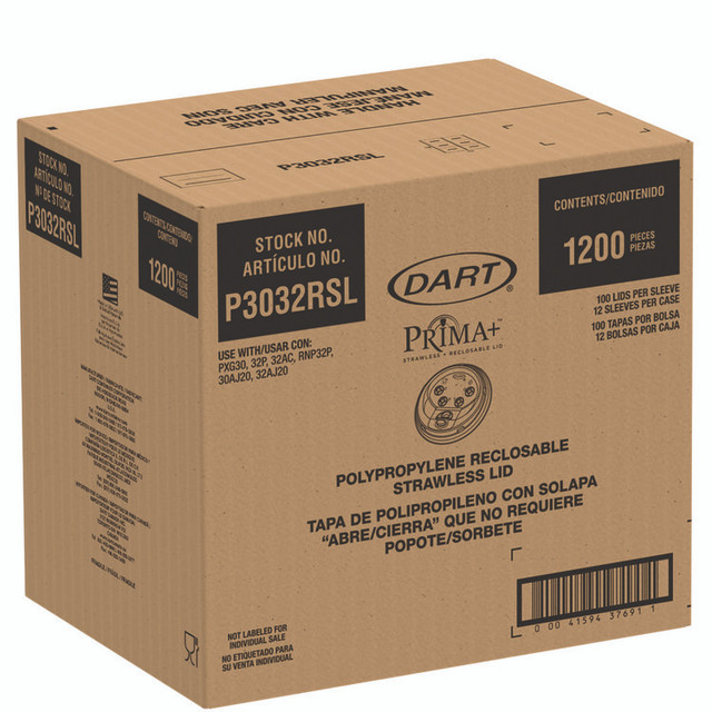 DART P3032RSL Prima Strawless Plastic Lids, Fits 30 oz to 32 oz Cold Cups, Clear, 100/Sleeve, 12 Sleeves/Carton