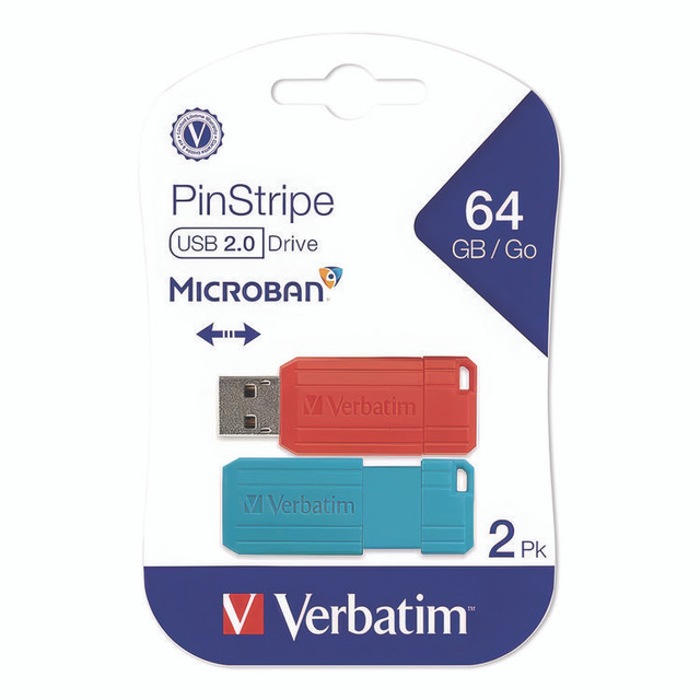 VERBATIM CORPORATION 70059 PinStripe USB 2.0 Flash Drive, 64 GB, Caribbean Blue/Red, 2/Pack