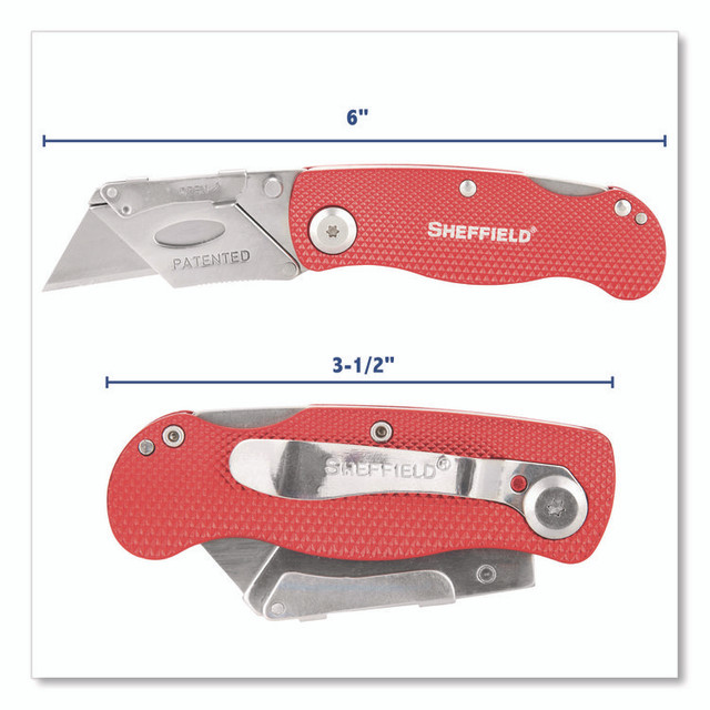 GREAT NECK SAW MFG. Sheffield 12614 Quick Change Lock Back Utility Knife, 1.25" Blade, 3.5" Aluminum Handle, Red