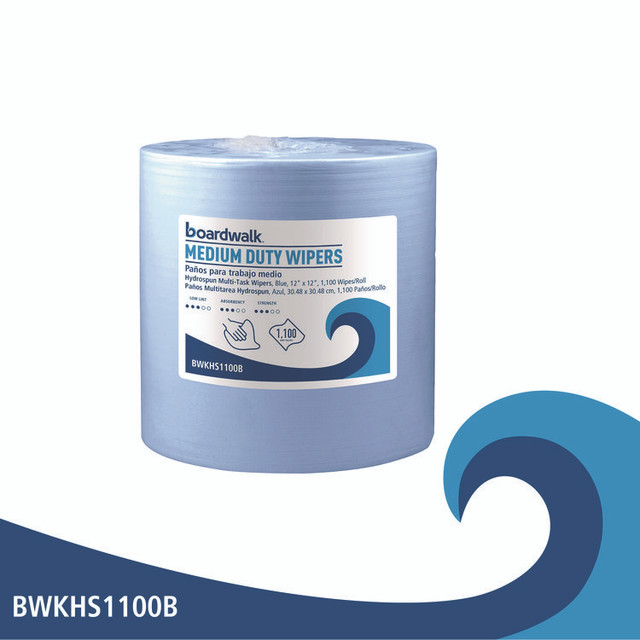 BOARDWALK HS1100B Hydrospun Wipers, Medium Duty, 12 x 12, Blue, 1,100/Roll
