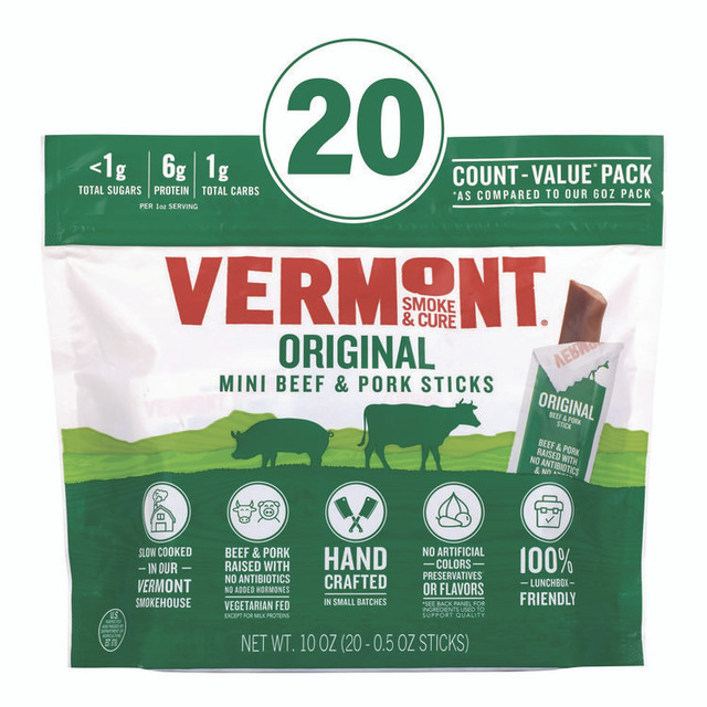 JOHNSONVILLE LLC Vermont Smoke and Cure® 22002353 Original Flavor Mini Snack Sticks, Beef, 0.5 oz Individually Wrapped, 20/Carton