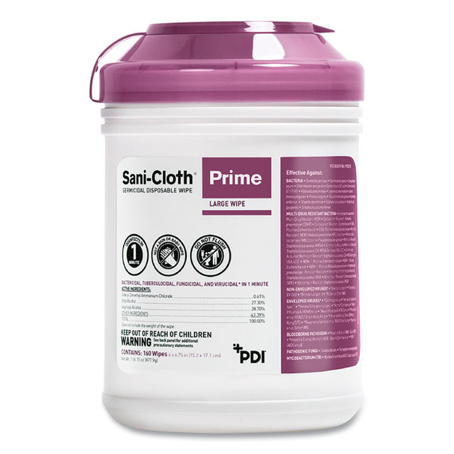 SANI PROFESSIONAL P25372 Sani-Cloth Prime Germicidal Disposable Wipes, Large, 1-Ply, 6 x 6.75, Unscented, White, 160/Canister, 12 Canisters/Carton