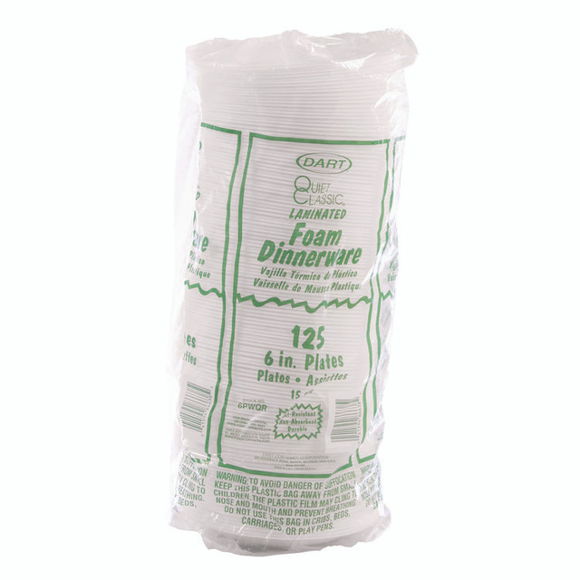 DART 6PWQRPK Mediumweight Foam Dinnerware, Plate, 6" dia, White, 125/Pack