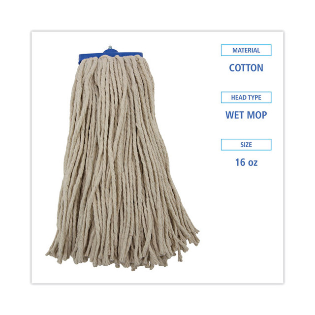 BOARDWALK 716CEA Cut-End Lie-Flat Wet Mop Head, Cotton, 16 oz, White