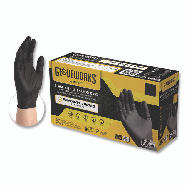 AMMEX CORPORATION GloveWorks® by GWBEN46100CT Nitrile Exam Gloves, Powder-Free, Large, 7 mil Thick, 9.5" Long, Black, 100/Box, 10 Boxes/Carton