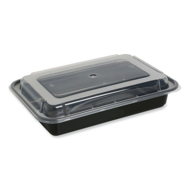 GEN TORECT28 Microwavable Food Container with Lid, Rectangular, 28 oz, 8.81 x 6.02 x 2.04, Black/Clear, Plastic, 150/Carton