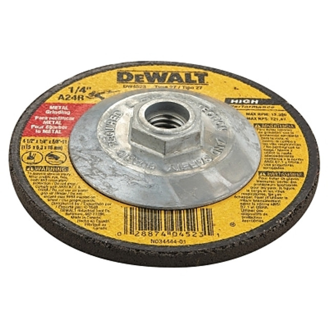 DeWalt® Type 27 Grinding Wheel, 4-1/2 in dia, 5/8 in-11 TPI, 13300 RPM, 24 Grit DeWalt® Type 27 Grinding Wheel, 4-1/2 in dia, 5/8 in-11 TPI, 13300 RPM, 24 Grit
