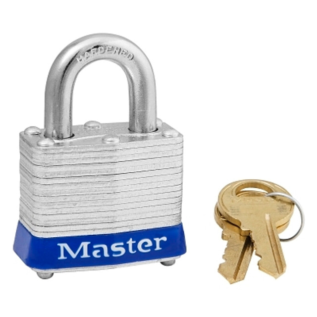 Master Lock® No. 3 Laminated Steel Padlock, 9/32 in dia, 5/8 in W x 3/4 in H Shackle, Silver/Blue, Keyed Different, Varies