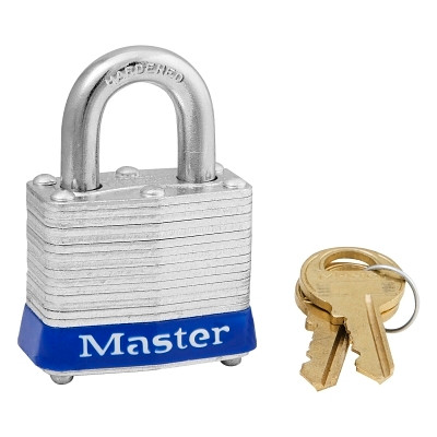 Master Lock® No. 3 Laminated Steel Padlock, 9/32 in dia, 5/8 in W x 3/4 in H Shackle, Silver/Blue, Keyed Different, Varies