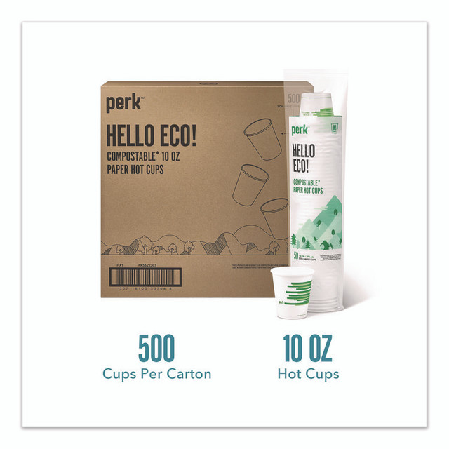 PERK PK56223CT Eco-ID Compostable Paper Hot Cups, 10 oz, White/Green, 500/Carton