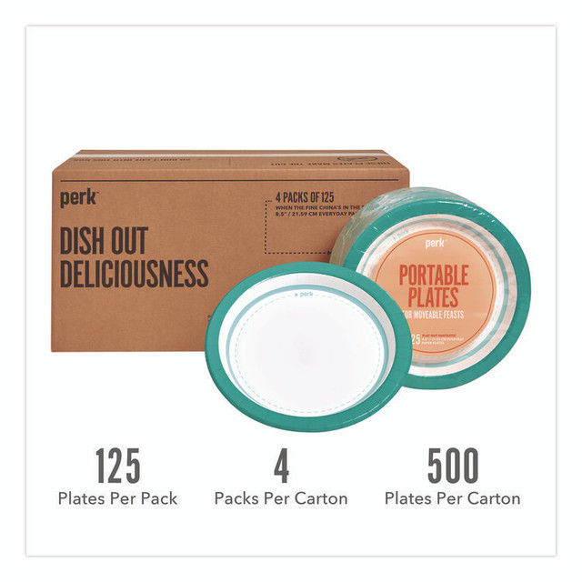 PERK PK54329CT Medium-Weight Paper Plates, 8.5" dia, White/Teal, 500/Carton