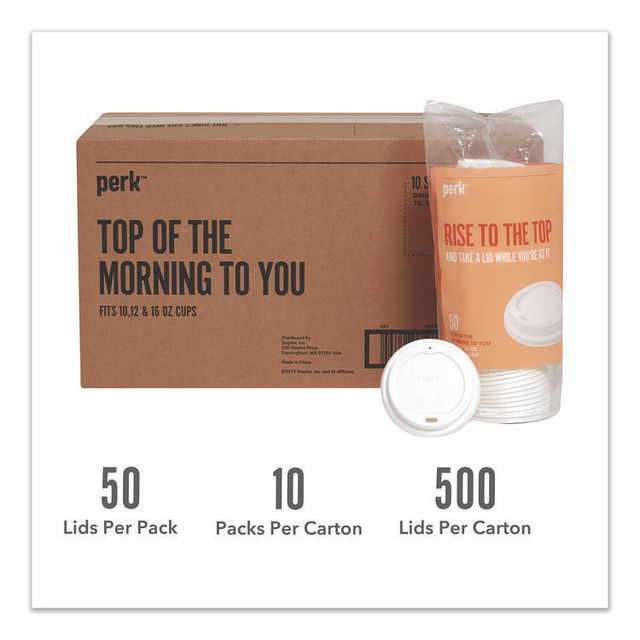 PERK PK54369CT Plastic Hot Cup Lids, Fits 10 oz to 16 oz Hot Cups, White, 500/Carton