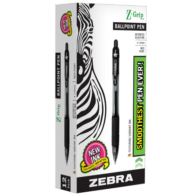 ZEBRA PEN CORPORATION Zebra Pen Z-Grip Ballpoint Retractable Pen, 1.0mm, Black, Pack of 12