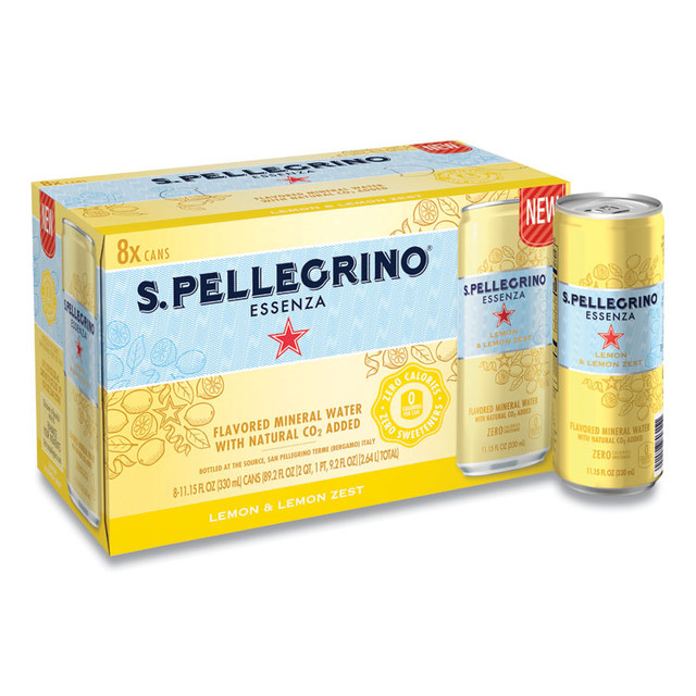 NESTLE S. Pellegrino® 12394352 Essenza Flavored Mineral Water, Lemon and Lemon Zest, 11.15 oz Can, 8/Pack