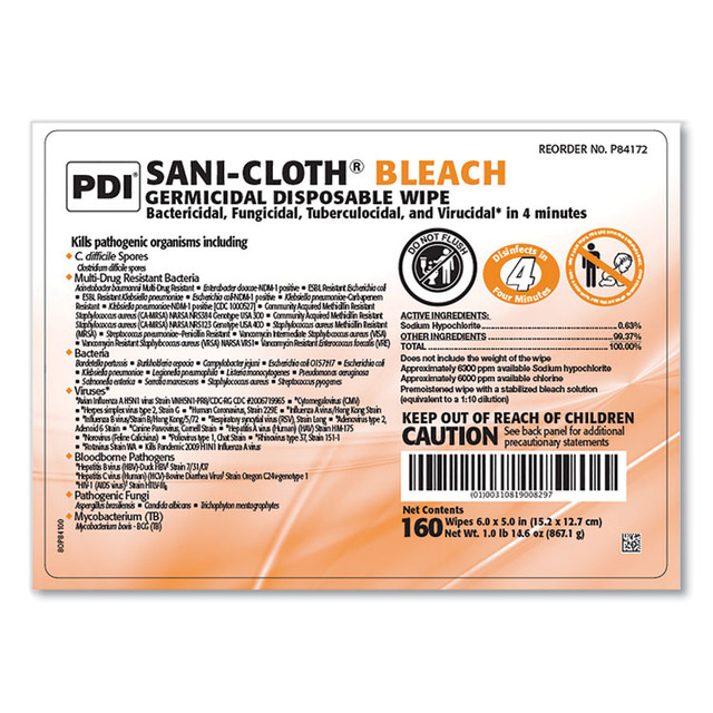 SANI PROFESSIONAL P84172 Sani-Cloth Bleach Germicidal Disposable Wipes, 1-Ply, 6 x 5, Unscented, White, 160/Canister, 12 Canisters/Carton