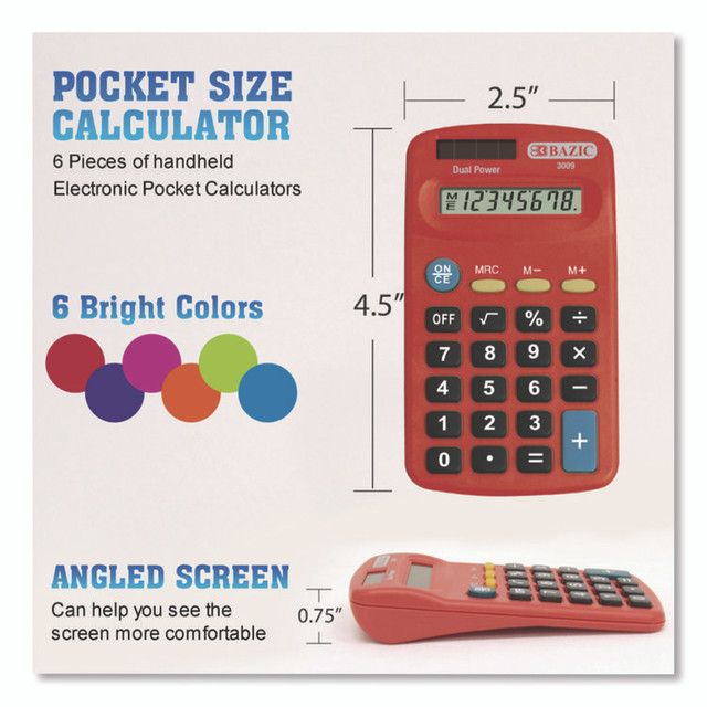 BAZIC PRODUCTS 3009 Dual Power Pocket Size Calculator, 8-Digit, LCD