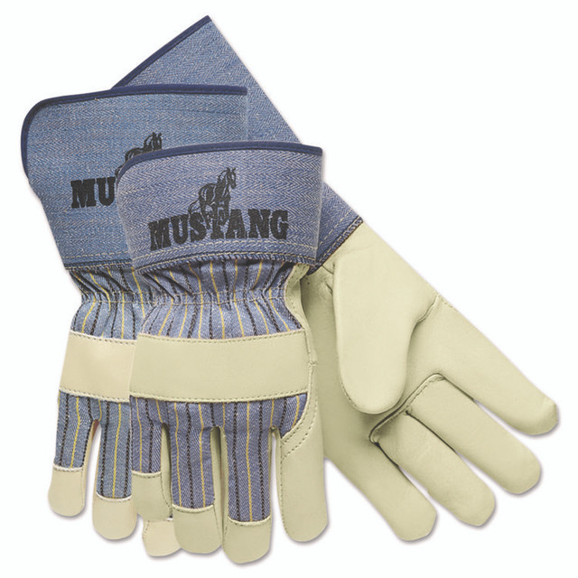 MCR SAFETY 1936M Grain-Leather-Palm Gloves, Gunn Cut, Wing Thumb, Medium, Blue Striped/White, 12 Pairs