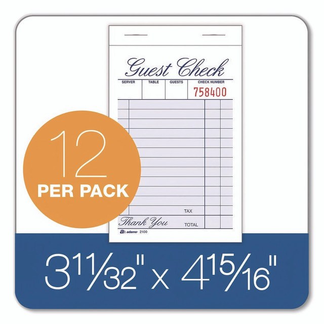 CARDINAL BRANDS INC. Adams® 210012 One-Part Guest Check Pad, One-Part (No Copies), 3.35 x 4.94, 100 Forms/Pad, 12 Pads/Pack